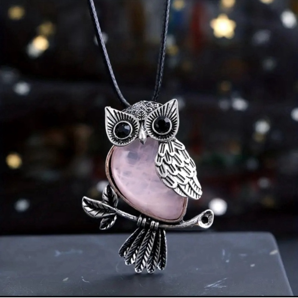 Silver Owl Pendant Necklace with Pink Stone